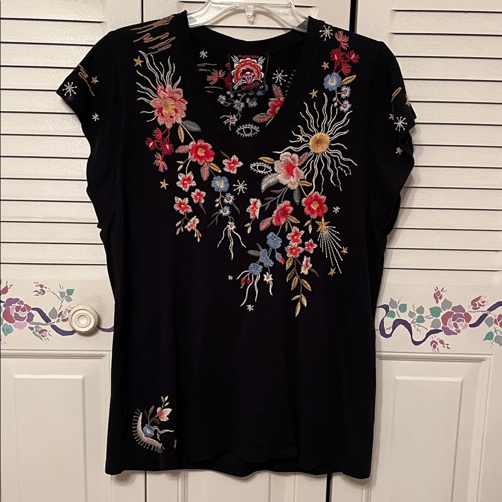 Johnny Was Black V-Neck Lissa Short Sleeve Top with Multicolor Floral Embroidery - Picture 3 of 9